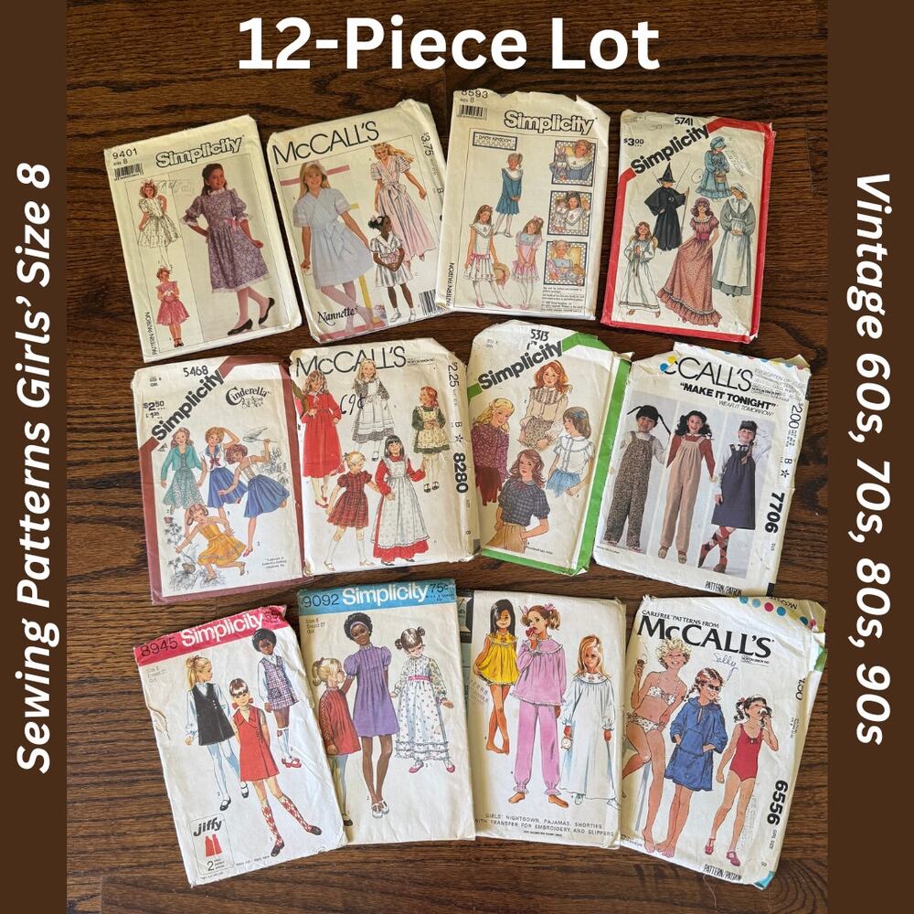 12 Piece Vintage Sewing Pattern Lot Bundle Girls Size 8 Dress Sleep Costume Tops
